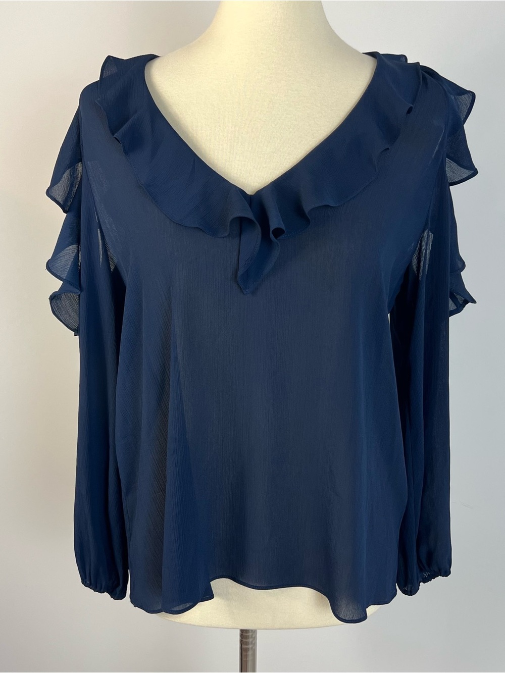 Alice + Olivia Gia Navy Chiffon Sheer Ruffle Trim Cold Shoulder Blouse Top M